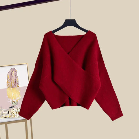 Plus Size Womens Clothing Knitted Pullover Sweater Sexy Sling Dress Two Pieces Sets Solid Fashion Casual