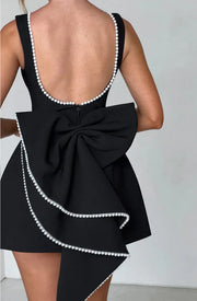 Elegant Pearl Bow Backless Short Dress Women's Sleeveless Party Cute Mini Dresses Black White Pink Chic Birthday Evening Y2K New