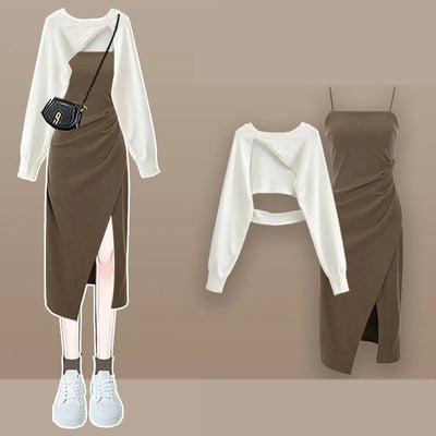 Women Spring New Vintage Short Knit Blouse+Split Sling Skirt 2-Piece Suit 2025 Korean Elegant Long Sleeve Top Dress Matching Set