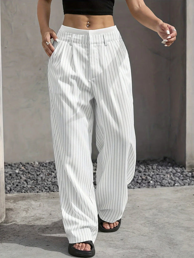 Women Stripes Printed Full Length Pants Trousers High Waist Fashion Casual Y2K Pants Loose Wide Leg