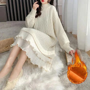 Autumn Winter Long Sleeve Sweater Dress Women Korean Ruffles Loose Knitted Dresses Woman 2023 Women's Mid-Length Knit Base Dress