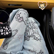 Sanrio Hello Kitty Wide Leg Pants Y2K Korean Version Streetwear Jeans Women Vintage Blue Loose Straight Trousers Cartoon Fashion