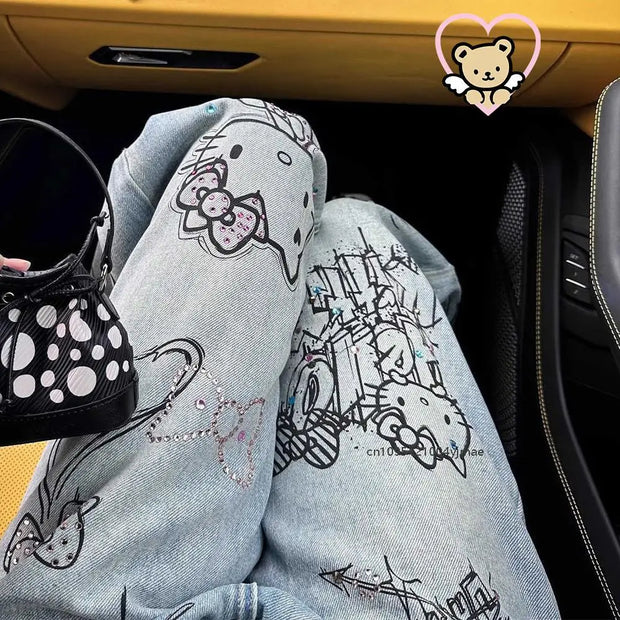 Sanrio Hello Kitty Wide Leg Pants Y2K Korean Version Streetwear Jeans Women Vintage Blue Loose Straight Trousers Cartoon Fashion