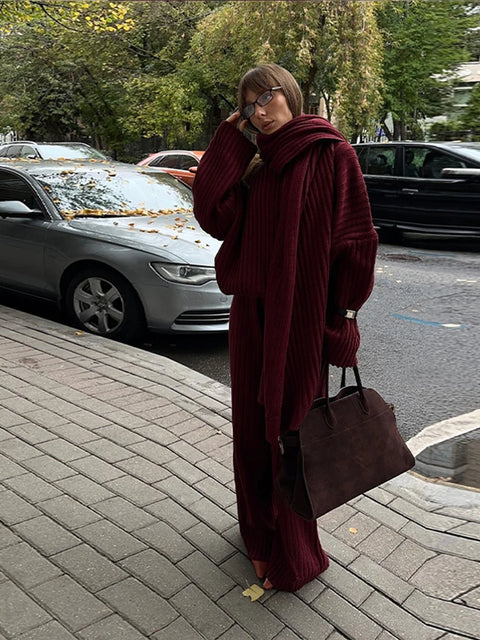 Elegant Burgundy Color Women's Loose Wide Leg Pants Set Chic Scarf Collar V-neck Knitted Sweater Suits Lady Street Knitwear 2024