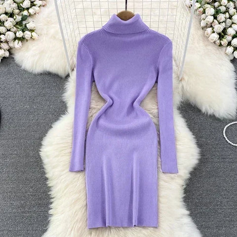 Elegant Turtleneck Long Sleeve Knit Bodycon Pencil Dress Slim Basic Fashion Sweater Vestido Sexy Women Autumn Winter Clothing