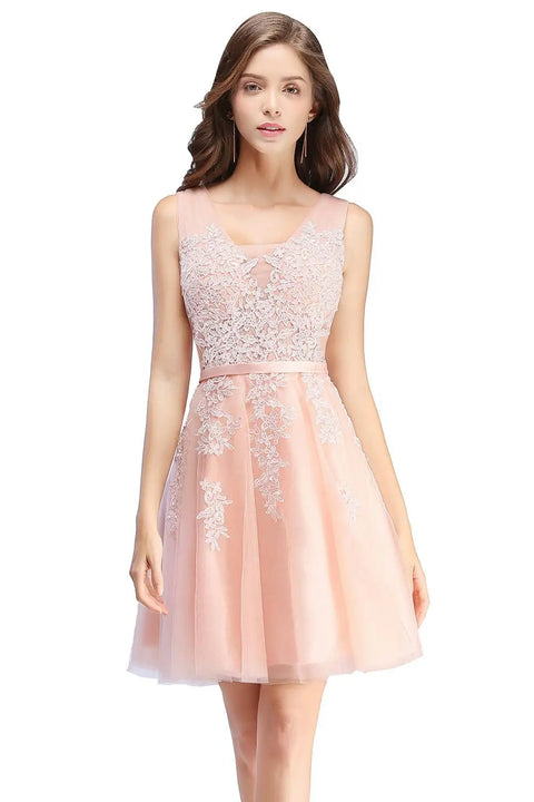 A Line Appliques V Neck Sleeveless Lace Tulle Homecoming Dresses Graduation Gown Vestidos De Cocktail Dresses Vestidos De Fiesta