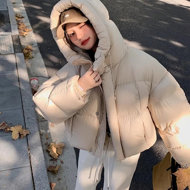 Korean Style Hooded Cropped Parkas Women 2024 Winter Thick Keep Warm Puffer Jacket Woman Solid Street Loose Bubble Cotton Coats