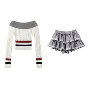 Vintage Academy Grey Splice Knitted One Shoulder Slim Spicy Girl Sweater Gray Short Skirt Spring Two Piece Set Women Outfits