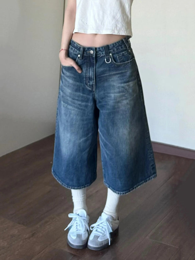 2024 Vintage Wash Whiskers Denim Shorts Women Low Rise Distressed Frayed Wide Leg Baggy Jeans Jorts Casual Summer Clothes