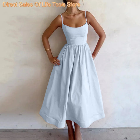 Fashion Solid Pleated Strap Dress Women Elegant Solid Sleeveless Midi Dresses 2024 Summer Casual Female Holiday Robe Vestidos