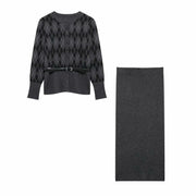 2025 RARA Spring New Women's College Style Diamond Check with Belt Waisted Sweater + Flat Midi Skirt 2-Piece Set