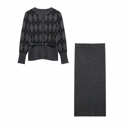 2025 RARA Spring New Women's College Style Diamond Check with Belt Waisted Sweater + Flat Midi Skirt 2-Piece Set