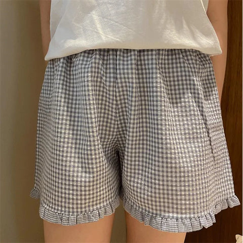 Y2k Womens Ruffle Lounge Shorts Plaid Gingham Print Casual Pajama Shorts Cute Striped Checkered Sleep Pj Bottom