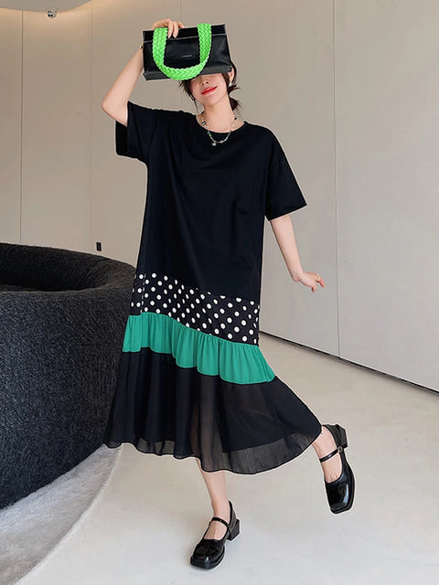 NYFS 2025 Summer New Korea Woman Dress Vestidos Robe Elbise Loose Plus Size Patchwork Dot Hem Short Sleeve Long Dresses