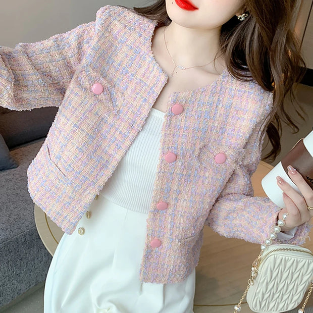 Women Pink Tweed Jacket Elegant Buttons Up Cardigan Coat Female Long Sleeve Tassel Office Outerwear Autumn Winter Chic Overcoat