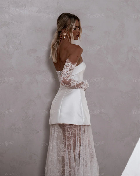 Toofgon A Line Satin Lace Wedding Dresses Detachable Long Sleeves Customized Women Bridal Wedding Gowns Photography robe mariee