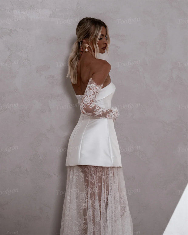 Toofgon A Line Satin Lace Wedding Dresses Detachable Long Sleeves Customized Women Bridal Wedding Gowns Photography robe mariee