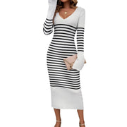 Autumn Winter Women's Knit Dress Female V-neck Stripe Slim Fit Sweater Long Sleeve Dress Lady's Warm Knitwears For Women