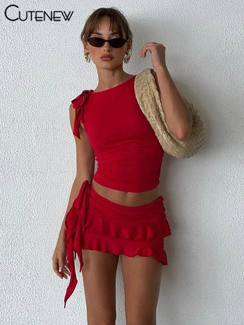 NIBBER Women's Halter Lace-up Two Pieces Sets Spaghetti Strap Camisole Hip Slim Mini Skirt New Streetwear Female Dress Suit Hot