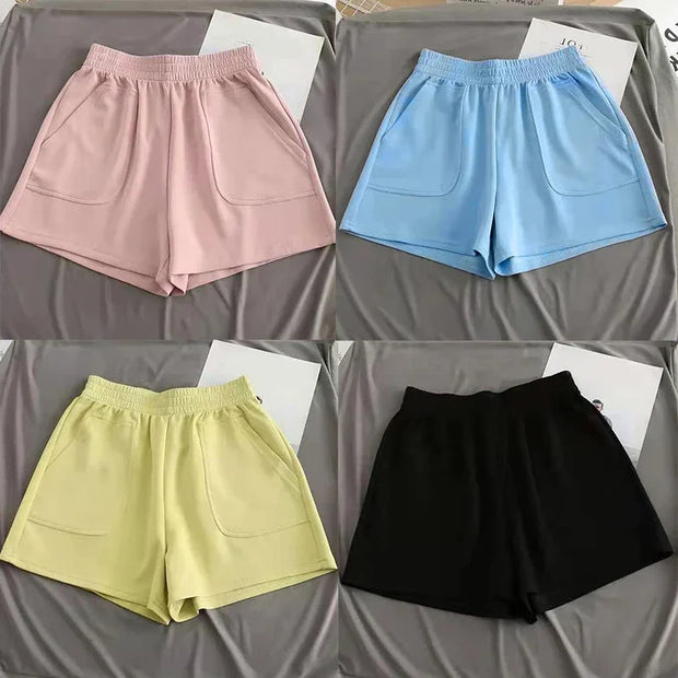 Women's Shorts with Pocket Summer Solid Color High Waist Hot Pants Casual Loose Sports Pants Elastic Waist Girls Cycling Shorts