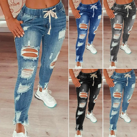 Popular Pencil Jeans Streetwear Women Jeans Slim Slim-fitting All Match Denim Pants  Elastic Waist