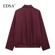 EDSA Women Vintage Loose Zipper Jacket Lapel Burgundy Color Jacket New 2024 Autumn Fashion Versatile Street Outwear Jacket