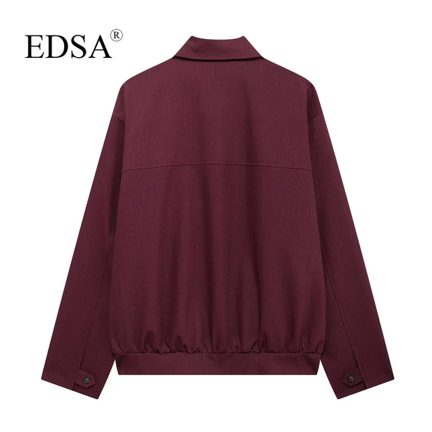 EDSA Women Vintage Loose Zipper Jacket Lapel Burgundy Color Jacket New 2024 Autumn Fashion Versatile Street Outwear Jacket