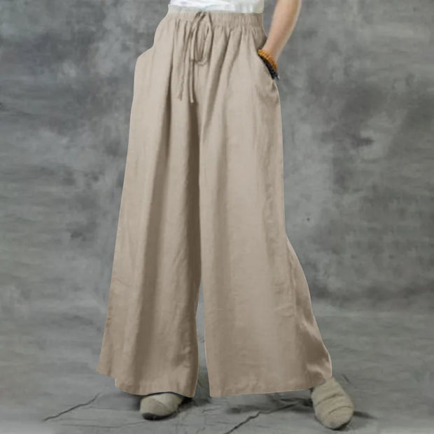 New Summer Loose Size Casual Wide-Leg Pants Solid Color Cotton Linen Elastic Waist Pants Ladies Street Drawstring Trousers