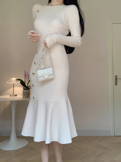 Korean Chic French Knitted Dress Women High Waist Fishtail Dresses Autumn Winter Long Sleeve Elegant Bodycon Dress Vesstidos