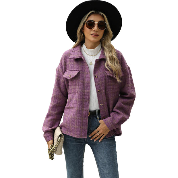 New Style Lapel Plaid Long Sleeved Loose Cardigan Woolen Coat for Women