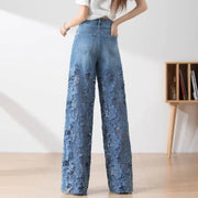 Fashion Elegant Jeans for Women High Waist Lace Patchwork Pantalones Hollow Out Oversized Spring Casual Loose All Match Pants