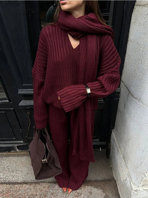 Elegant Burgundy Color Women's Loose Wide Leg Pants Set Chic Scarf Collar V-neck Knitted Sweater Suits Lady Street Knitwear 2024