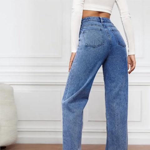 Straight High Waist Jeans Women 2024 New Leg Pockets Basics Ankle Length Pants Y2k Denim Trousers Vintage Blue Washed Jeans