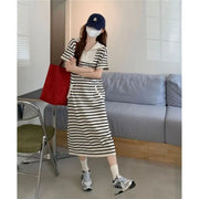 Fashion Lapel Zipper Spliced Striped Casual Dresses Female Clothing 2024 Summer New Loose Korean Short Sleeve Midi Dress