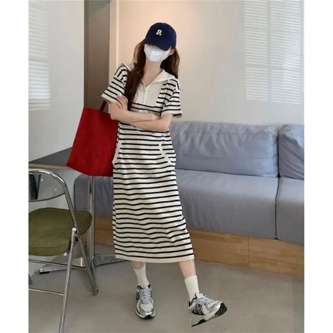 Fashion Lapel Zipper Spliced Striped Casual Dresses Female Clothing 2024 Summer New Loose Korean Short Sleeve Midi Dress