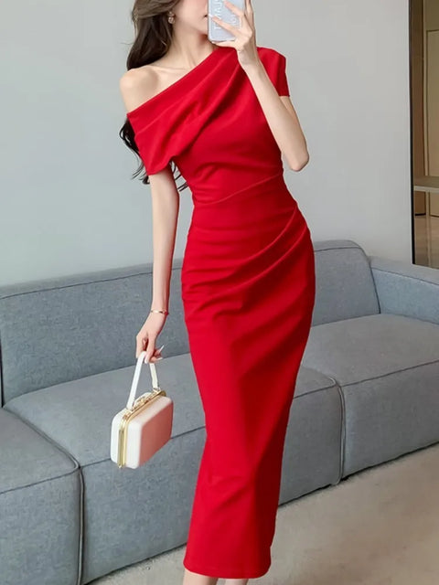 Elegant Off Shoulder Evening Party Dresses Women Summer Fashion Slim One Piece Solid Vestidos Korean Graduation Robe Clothing