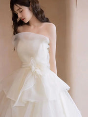 White Strapless Light Wedding Dresses Korean Simple Organza Ball Gown Bride's Wedding Dress Formal Evening Dress for Women boda