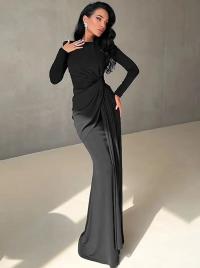 Elegant O-neck Long Sleeve Folds High Waist Bodycon Black Evening Party Dresses Women's Luxury Formal Occasion Prom Dress Gowns