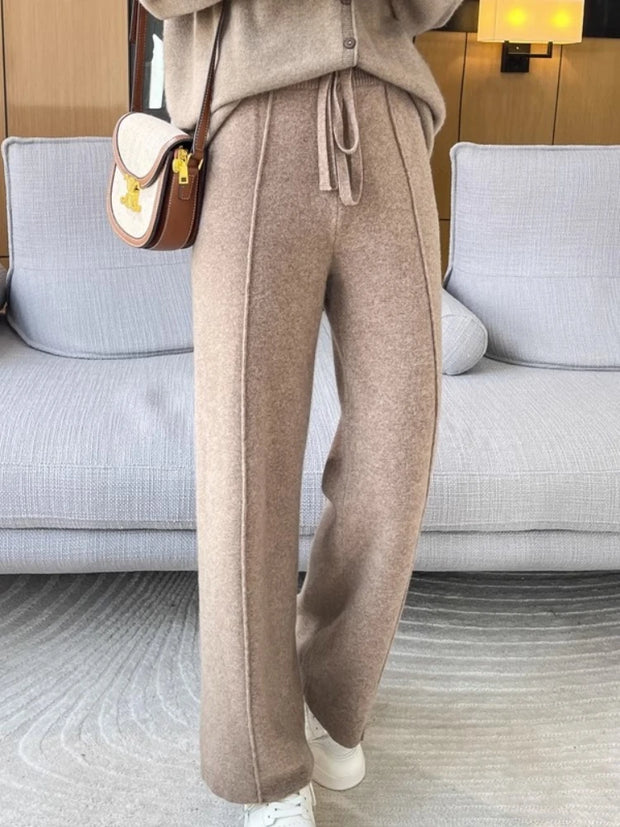 2024 High-end Cashmere Temperament Wide-leg Pants Women's High Waist 100 Pure Wool Pants Loose Casual Straight Outer Trousers