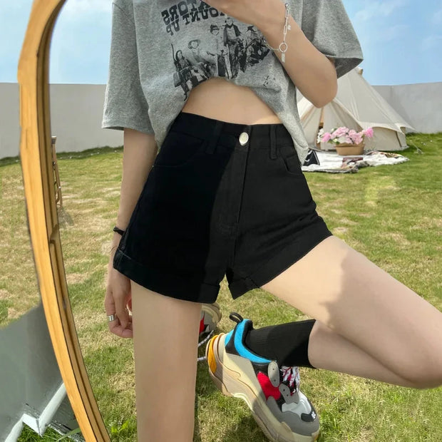 New Summer Women High Waist Button Wigh Leg Jeans Shorts Casual Female Loose Blue Denim Shorts Black White