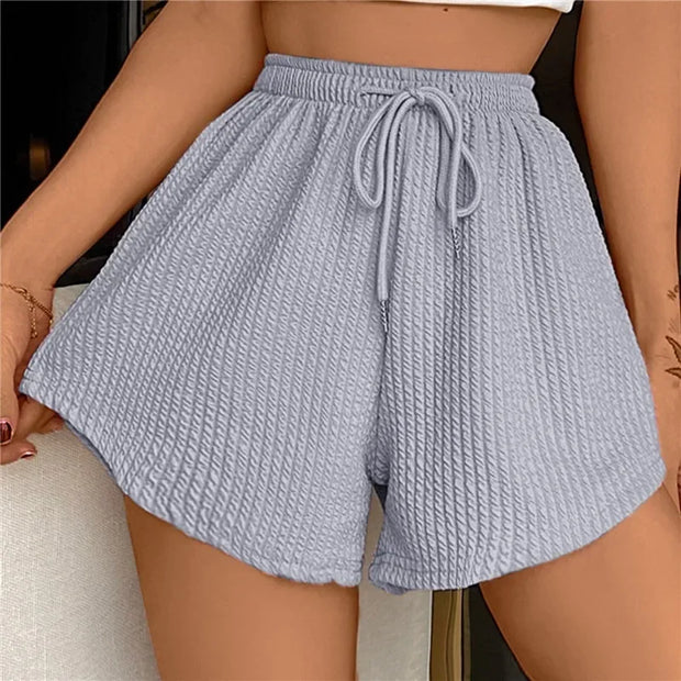 Women Shorts Summer High Elastic Lace Up Drawstring Wide Leg Sweat Short Fitness Running Shorts Loose Casual Large Sports Pants