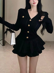 2024 New Korea Fashion Knitted Suit Black Slim 2 Piece Skirt Set Casual Elegant Sweater + Women Outwear Casual Y2k Mini Skirt