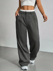 Women Stripes Printed Full Length Pants Trousers High Waist Fashion Casual Y2K Pants Loose Wide Leg