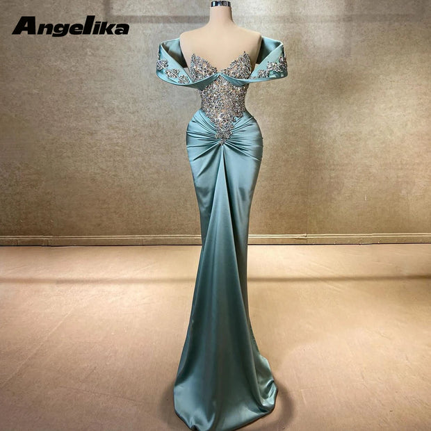 Angelika Attractive Mermaid Formal Evening Dresses for Women Off the Shoulder Rhinestones Ruched Satin V Neck Abendkleider