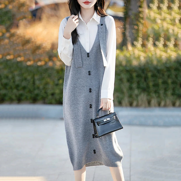 Spring and autumn knitted strap dress women's wool sweater fashion large size pullover strap skirt V-neck Chic button Long dress