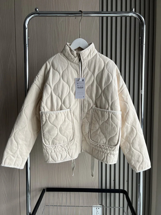 ZW Women's Cotton Jacket Traf 2024 New Arrival Vintage Lenzing Rayon High Collar Large Pocket Decorative Quilted Coat for Women