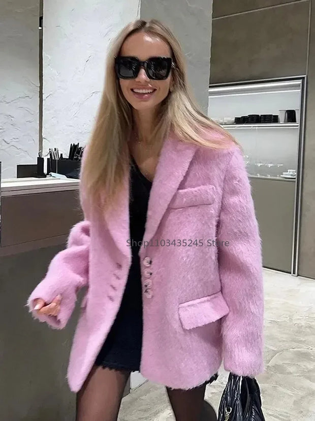 Fashion Lapel Woolen Plush Pink Coats Women Long Sleeves Single Breasted Loose Jackets Autumn Office Lady Pockest Overcoat