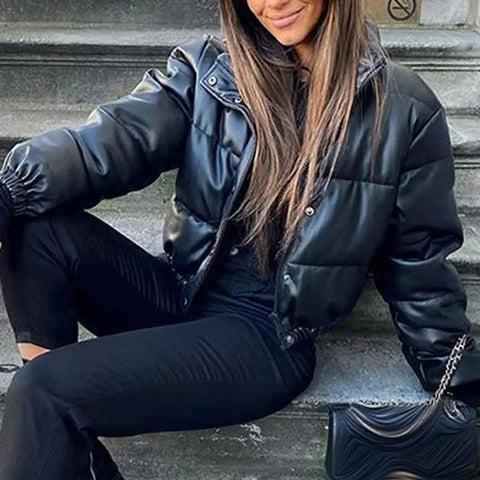 Jocoo Jolee Winter Thick Warm Cropped Puffer Jacket Women Black PU Leather Parkas Elegant Zipper Coat Cotton Padded Punk Outwear