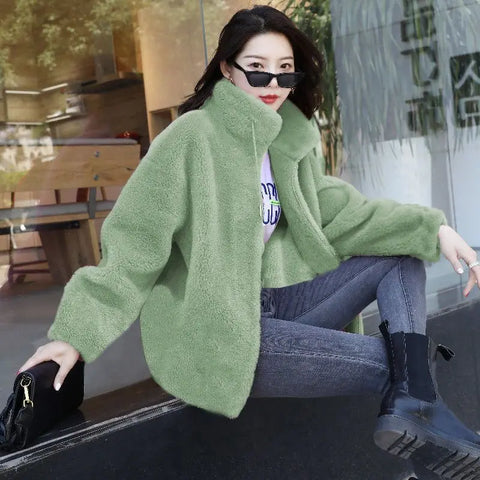 Women Winter Double Coral Fleece Warm Coat Stand Collar Plush Thick Overcoat Female Fashion Casual Long Sleeve Zipper Clothes