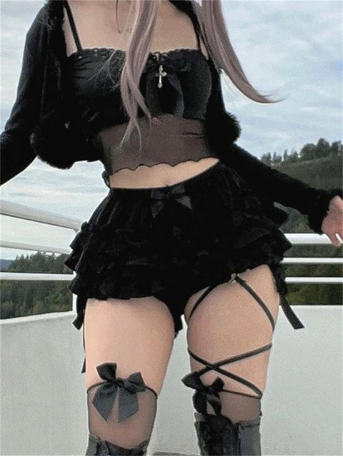 wsevypo Gothic Black Bloomer Shorts Women's Summer Elastic Waist Ruffle Layered Shorts Harajuku Streetwear High Waist Bottoms